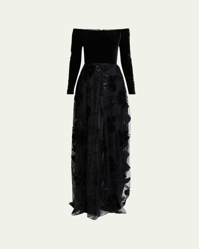 Off-The-Shoulder Velvet Sequined Tulle Gown